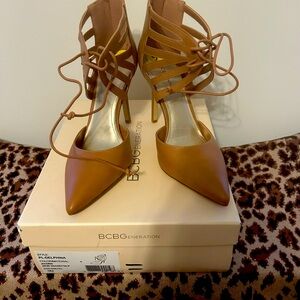 BCBGeneration Tan Lace-Up Pointed Toe Heels